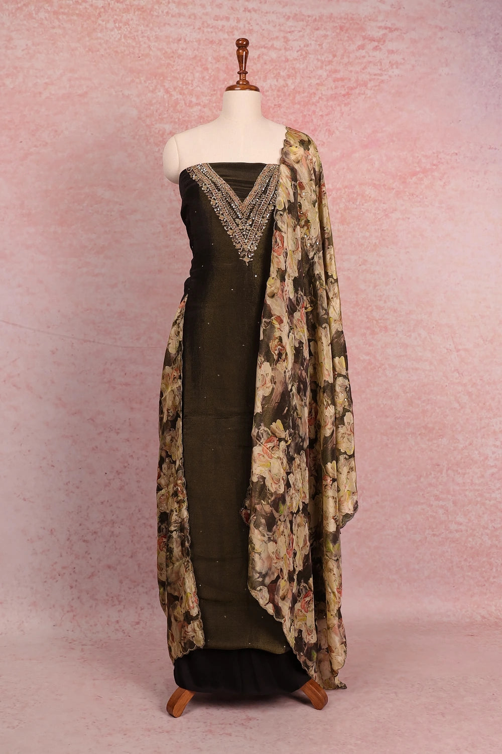 Black Tissue Hand Work Unstitched Churidhar Material