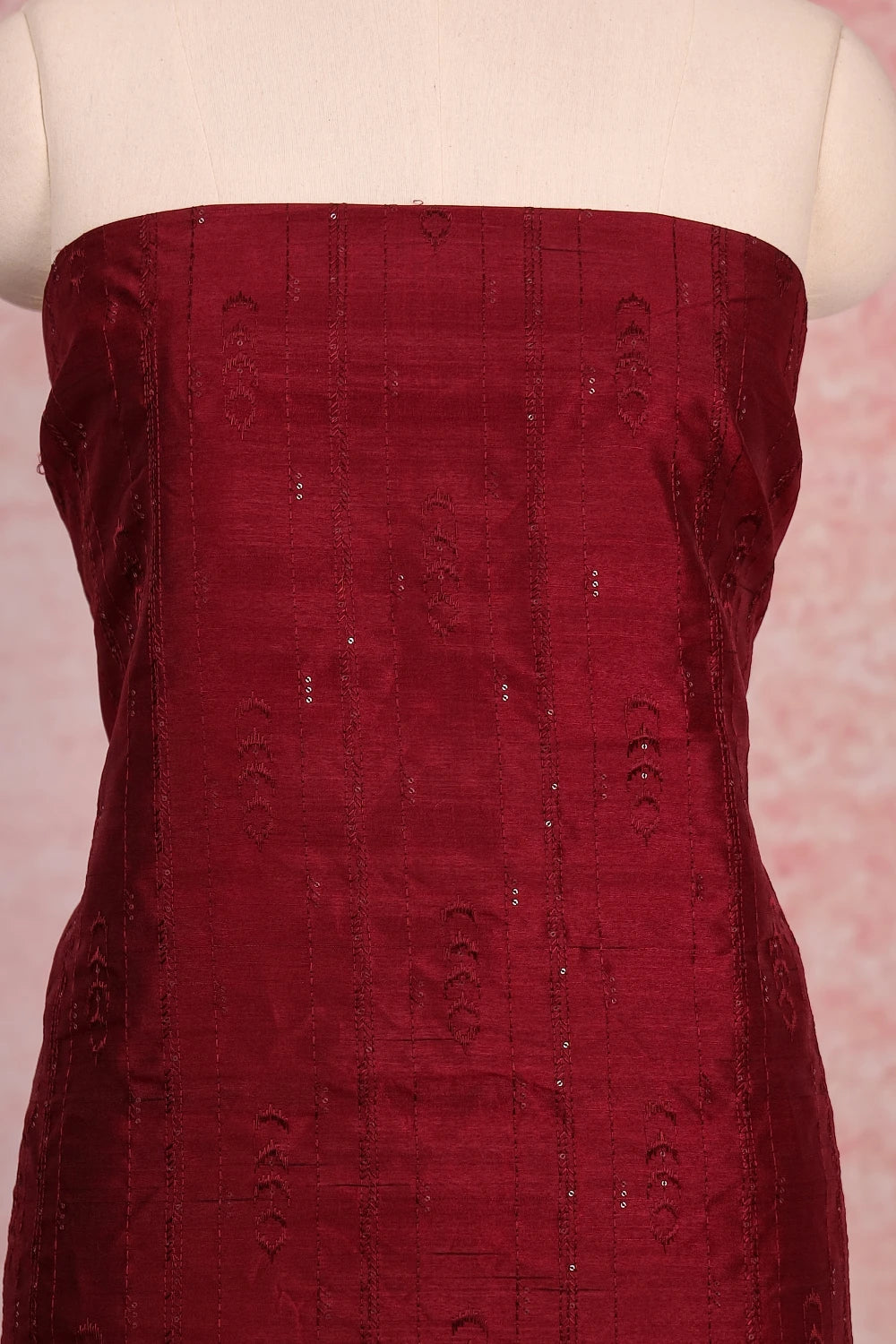 Maroon Semi Tussar Embroidary Unstitched Churidhar Material