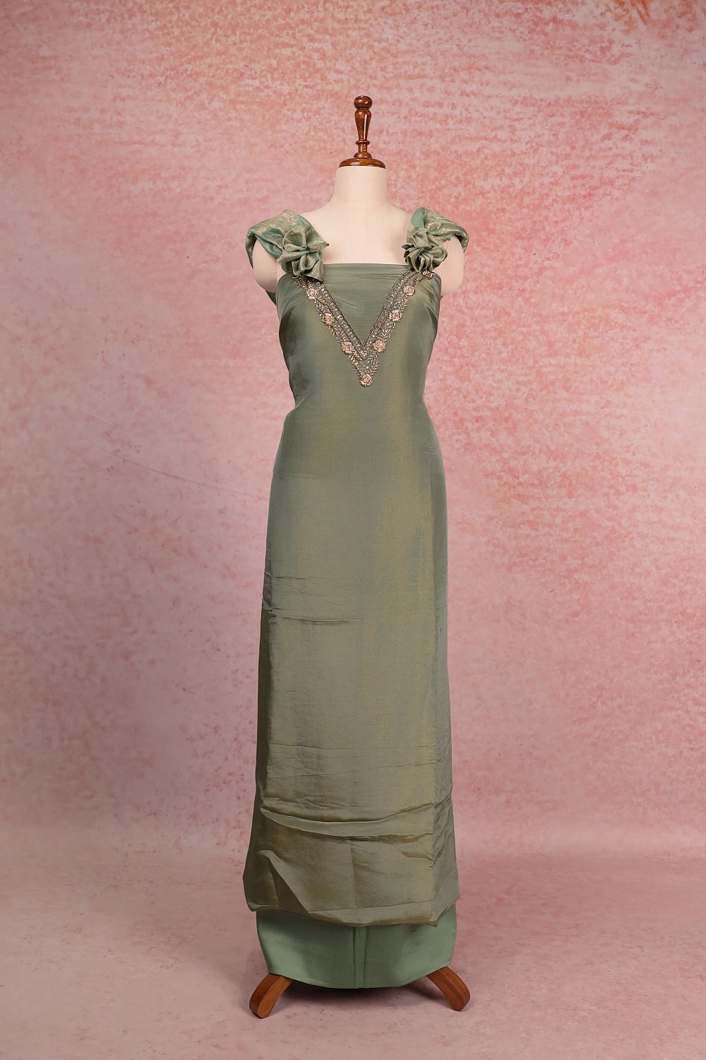 Green Tissue Beads Work Unstitched Churidhar Material
