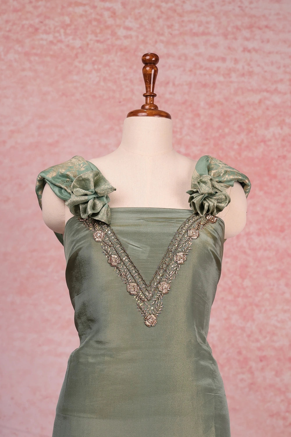 Green Tissue Beads Work Unstitched Churidhar Material