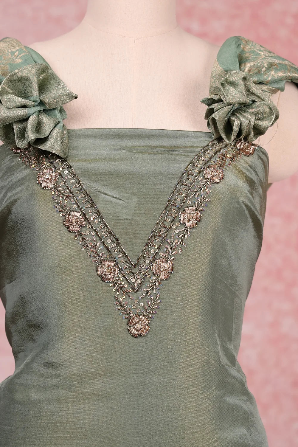 Green Tissue Beads Work Unstitched Churidhar Material
