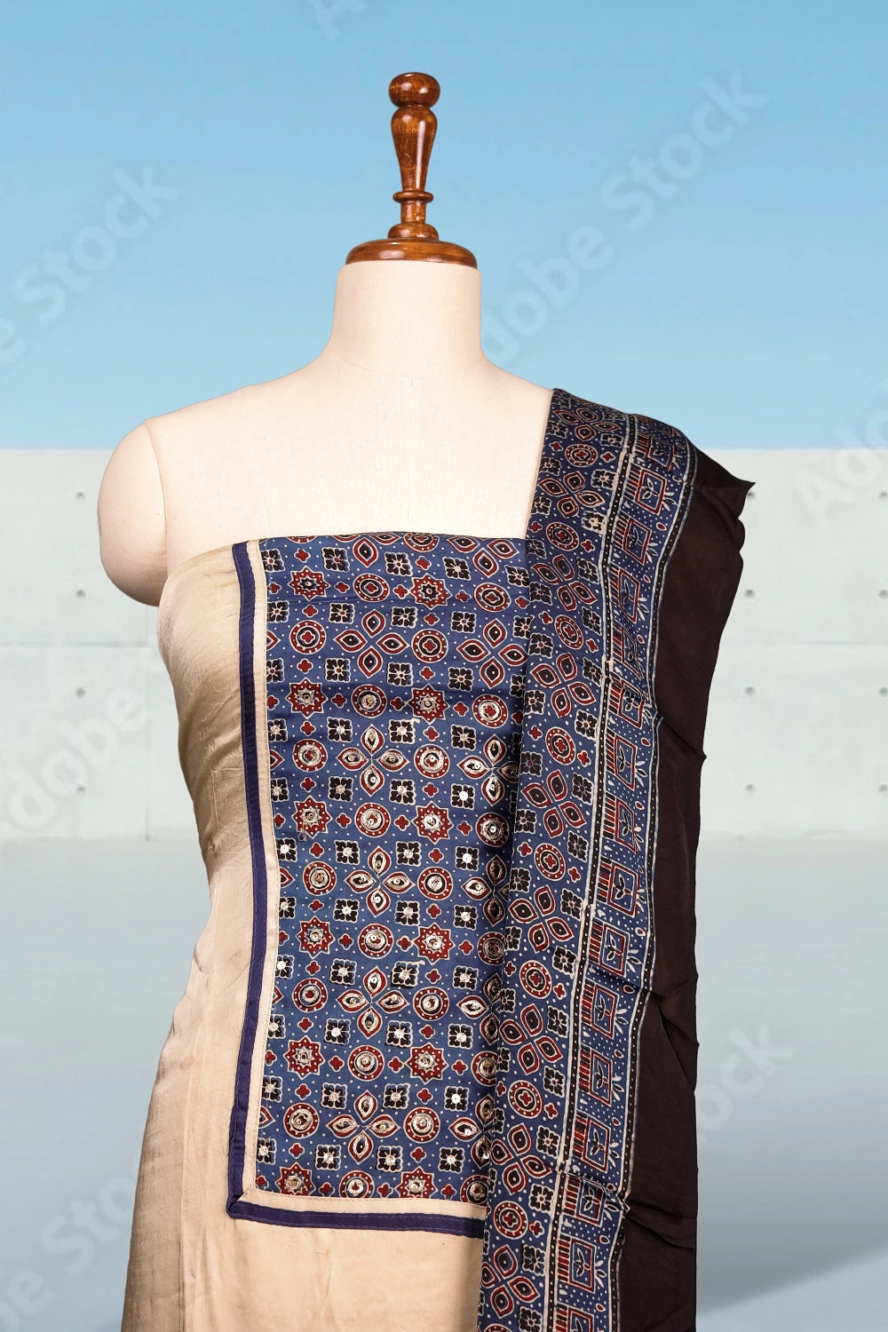 Cream Modal Ajrakh Unstitched Churidhar Material