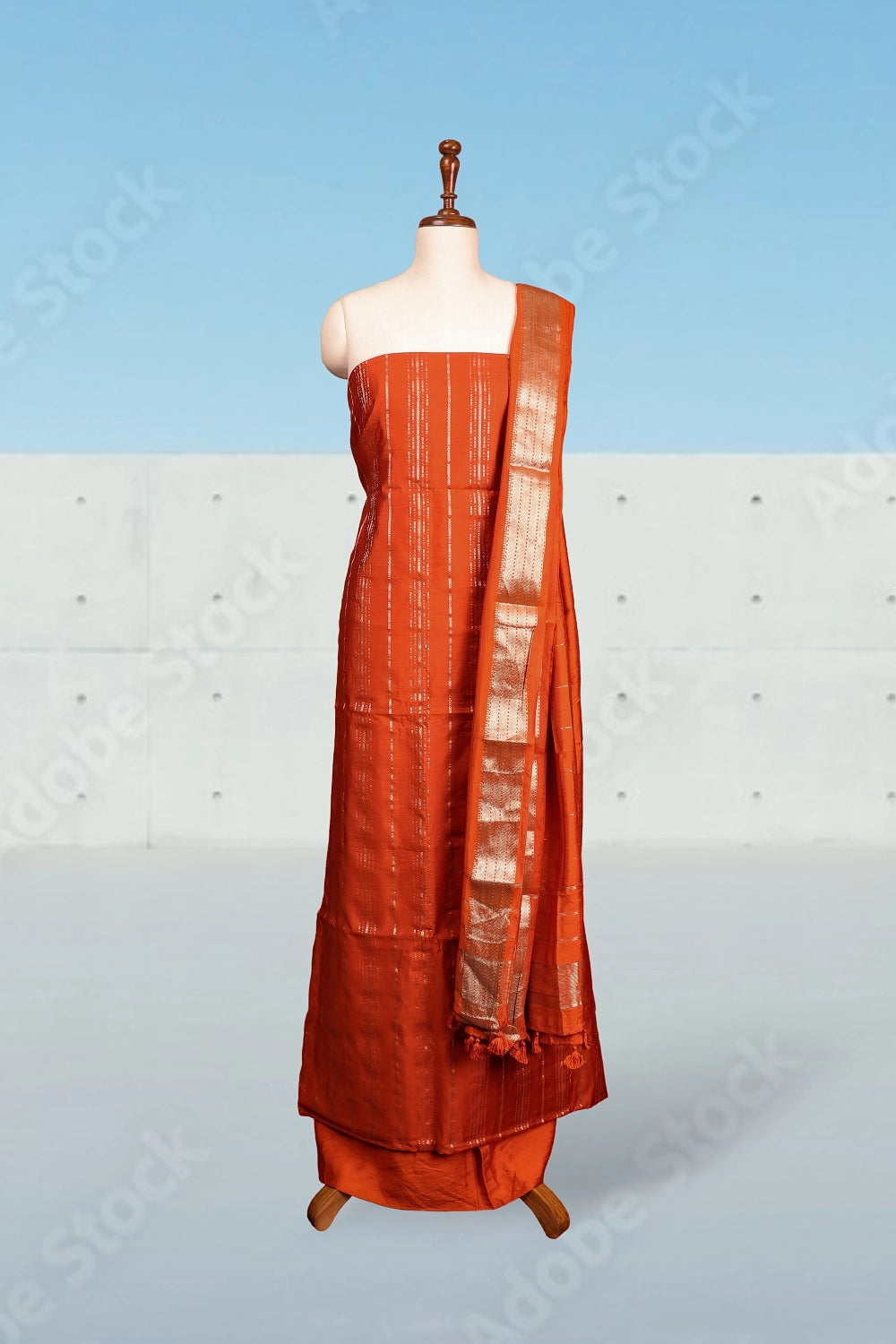 Orange Semi Silk Banarasi Design Unstitched Churidhar Material
