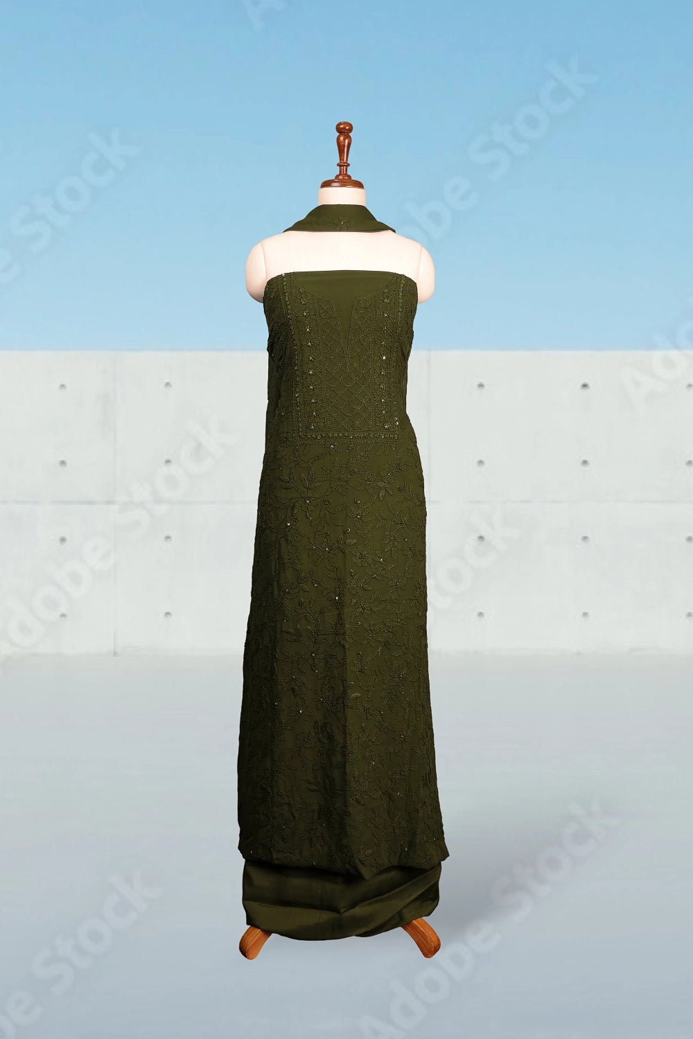 Green Georgette Chikankari Work Unstitched Churidhar Material