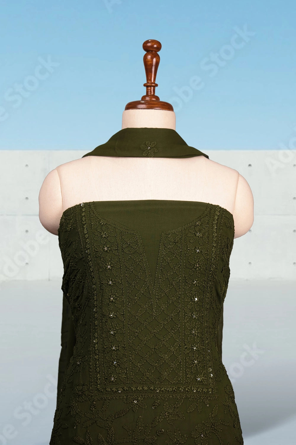 Green Georgette Chikankari Work Unstitched Churidhar Material