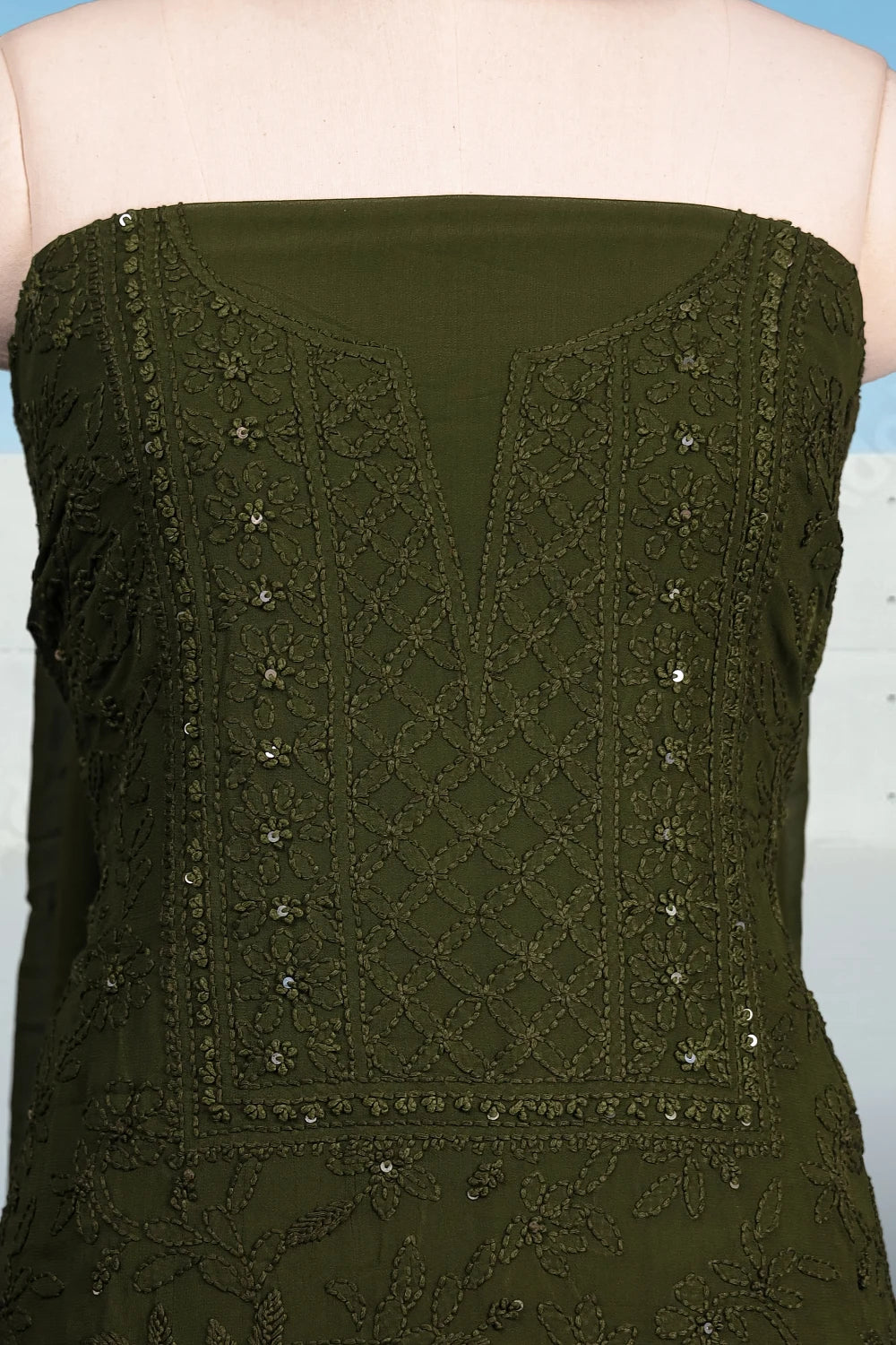Green Georgette Chikankari Work Unstitched Churidhar Material