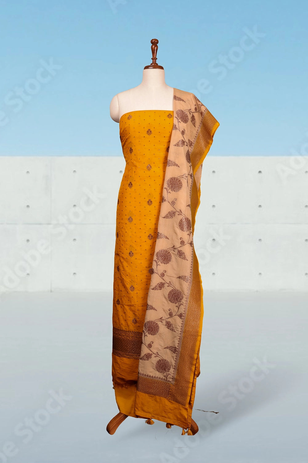 Mustard Yellow Silk Banarasi Design Unstitched Churidhar Material