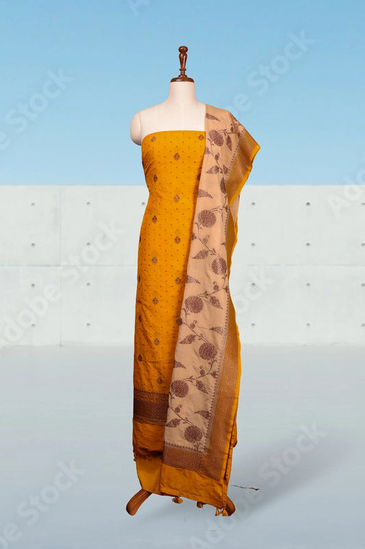 Mustard Yellow Silk Banarasi Design Unstitched Churidhar Material