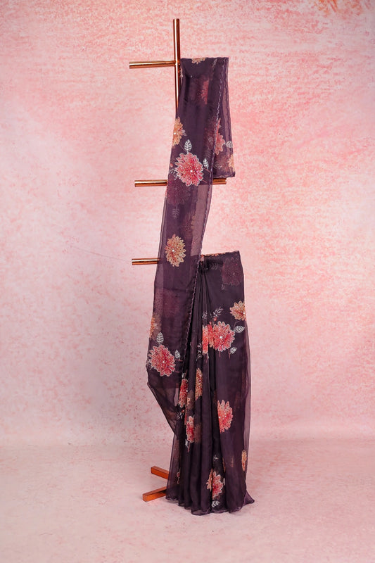 Grape Purple Glass Organza Saree