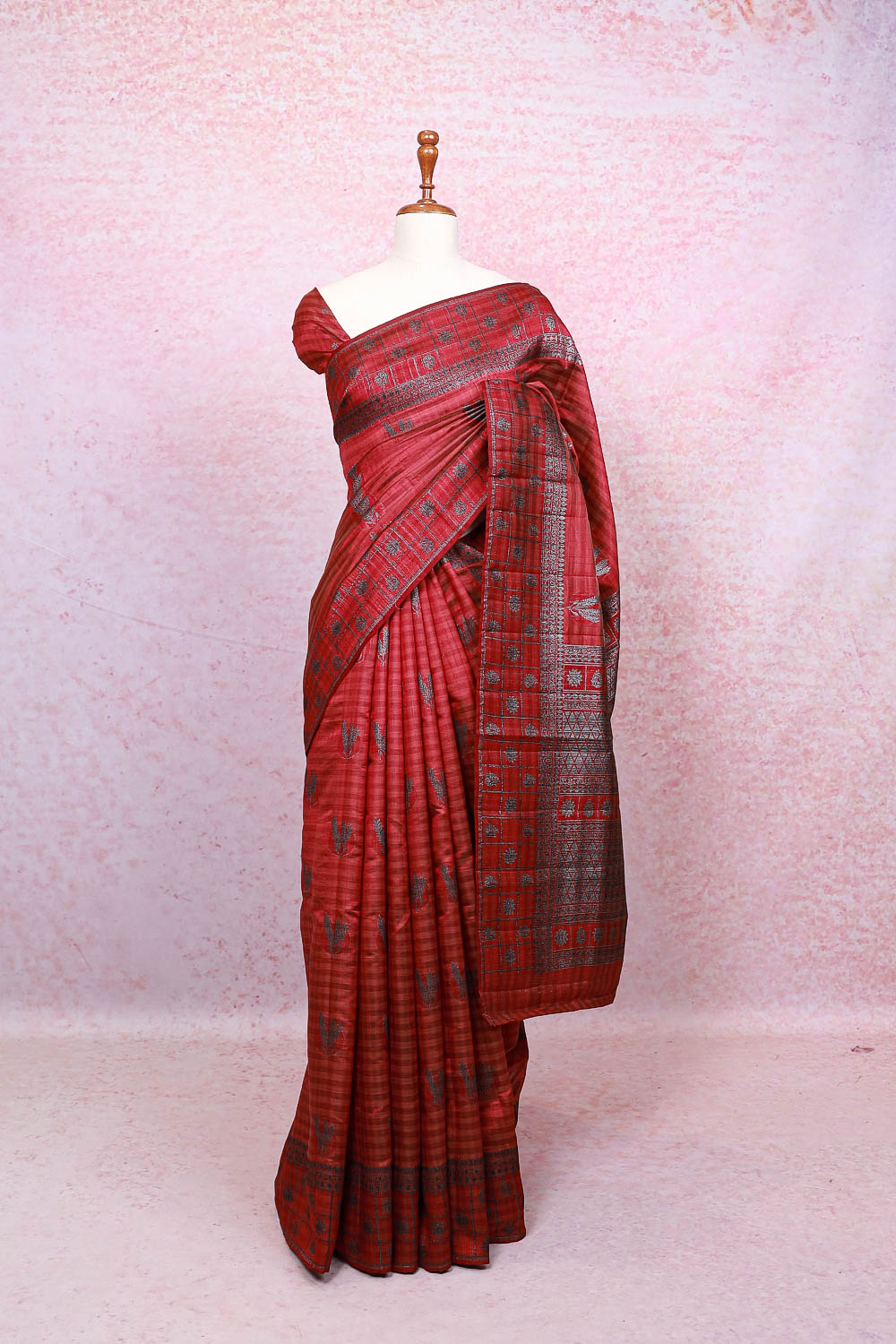Red Wine Semi Tussar Saree - Seematti