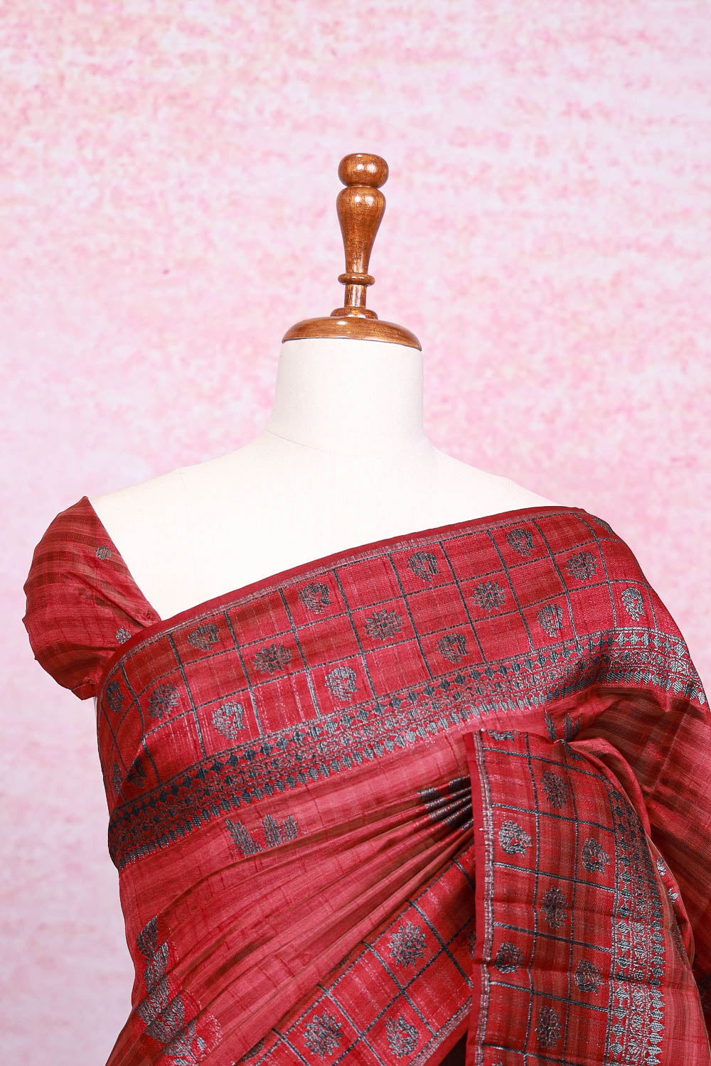 Red Wine Semi Tussar Saree - Seematti