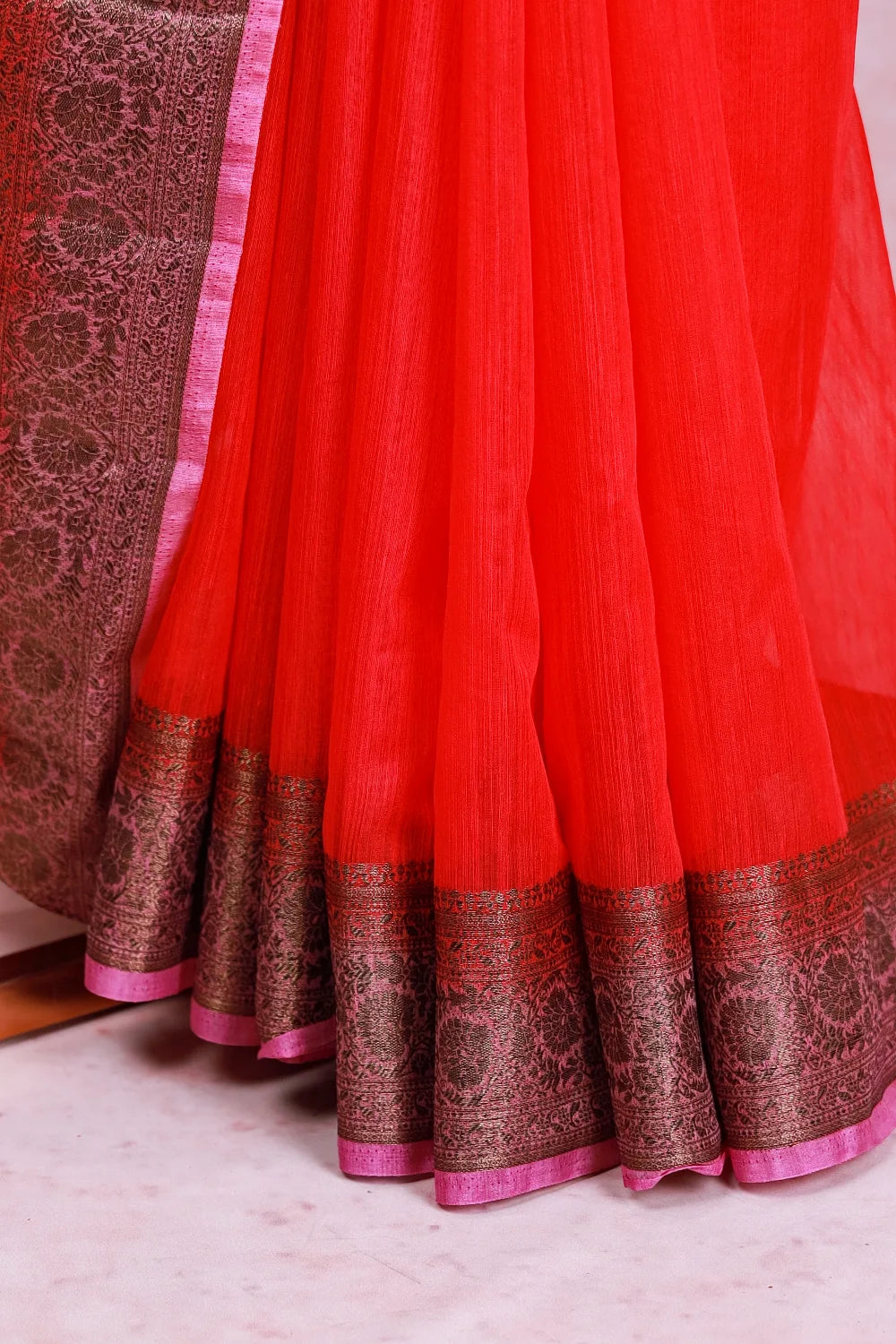 Pinkish Red Semi Jute Saree