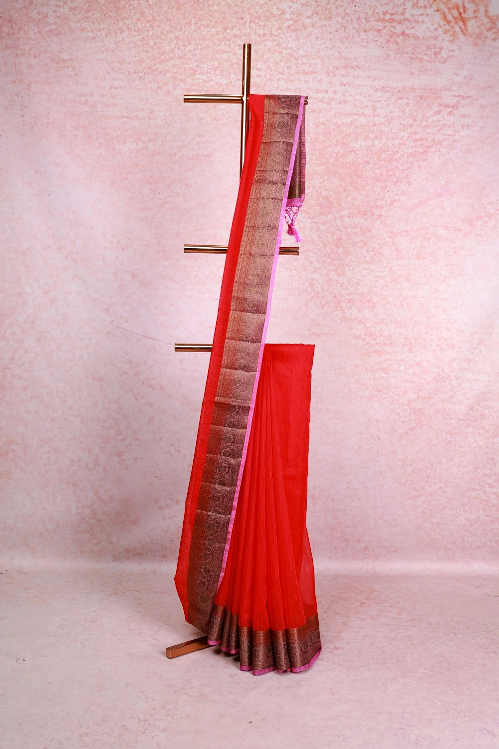Pinkish Red Semi Jute Saree