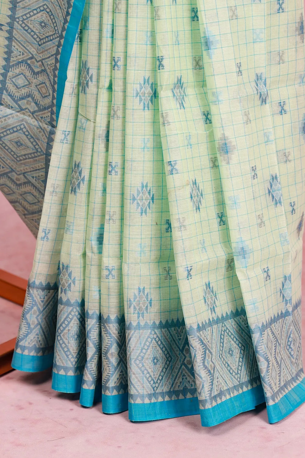 Bluish Yellow Cotton Saree