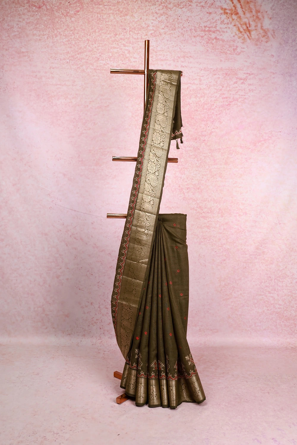 Dark Olive Green Semi Linen Saree