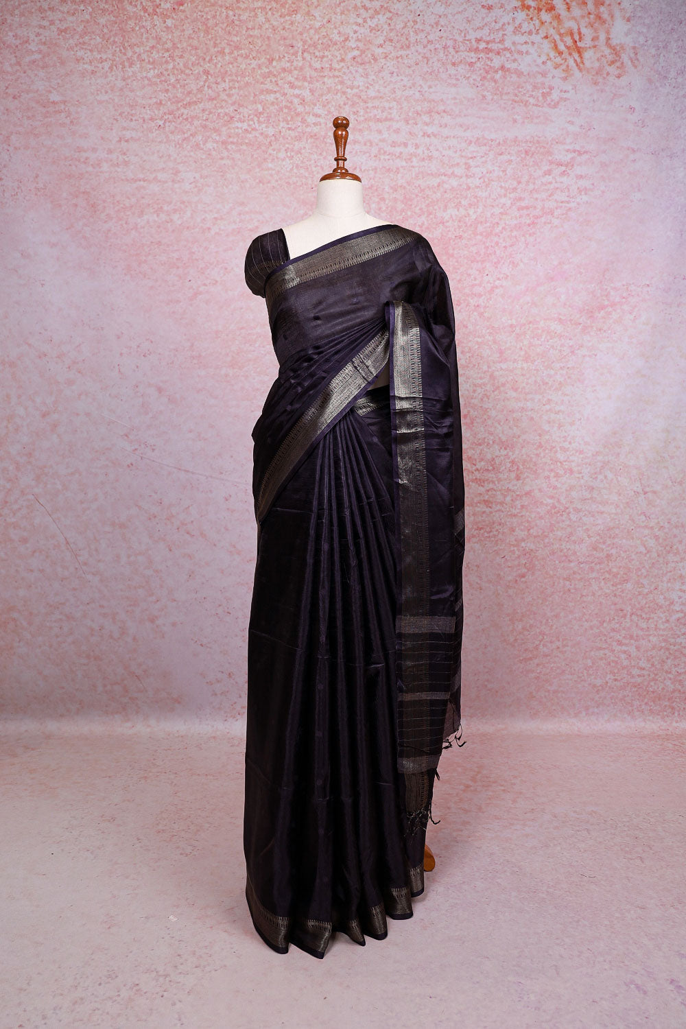 Dark Navy Blue Tussar Silk Saree
