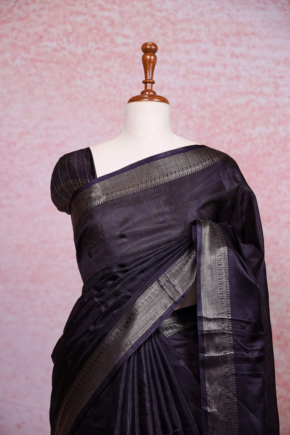 Dark Navy Blue Tussar Silk Saree