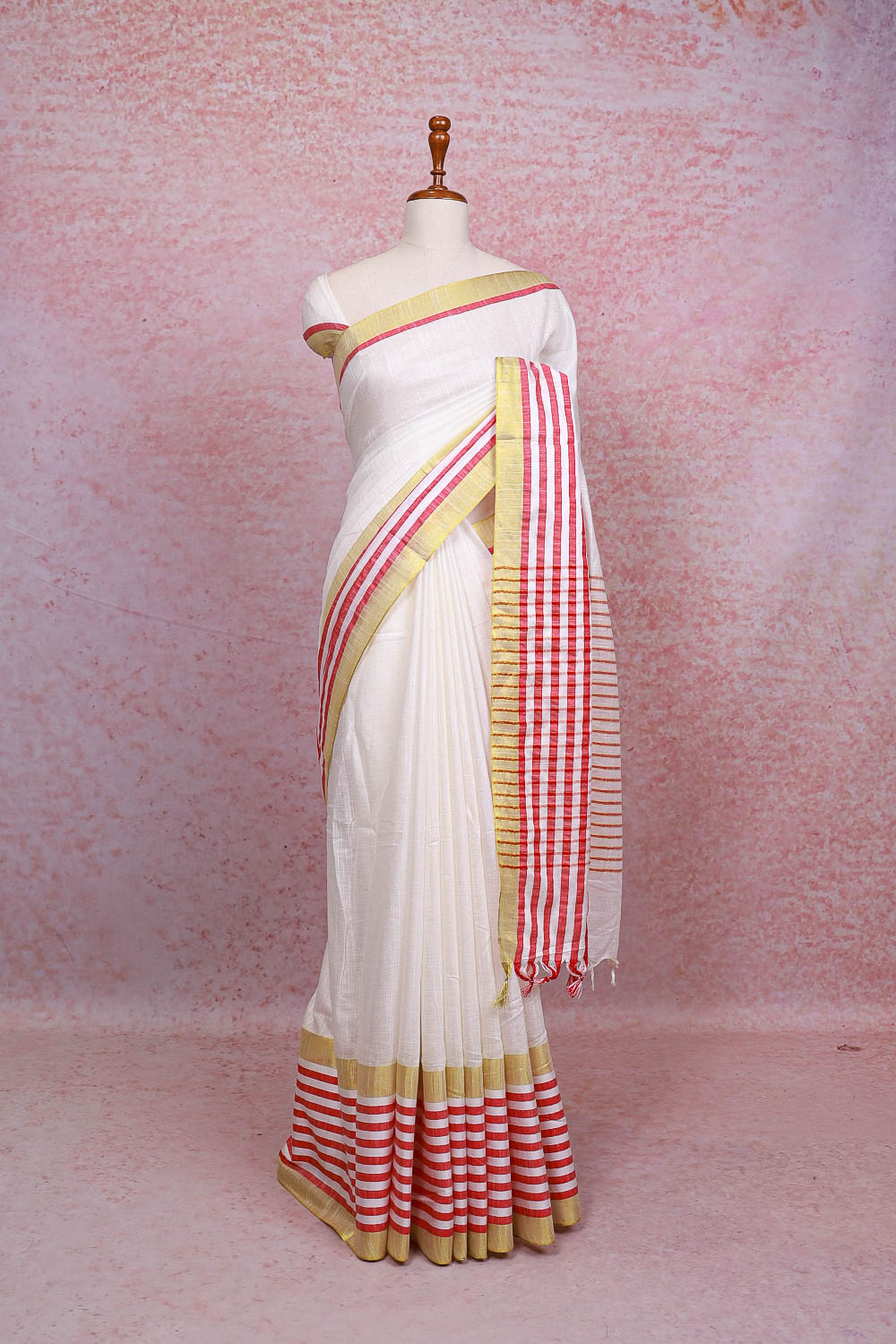 White Semi Linen Saree - Seematti