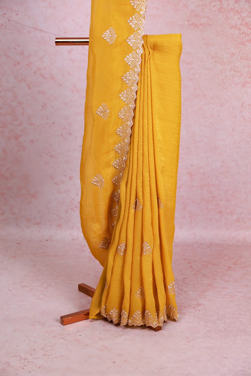Mustard Yellow Crush Organza Saree