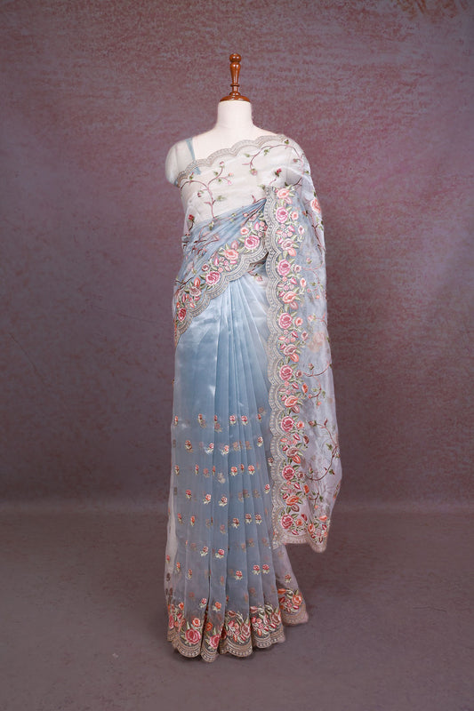 Powder Blue Glass Organza Saree - Seematti