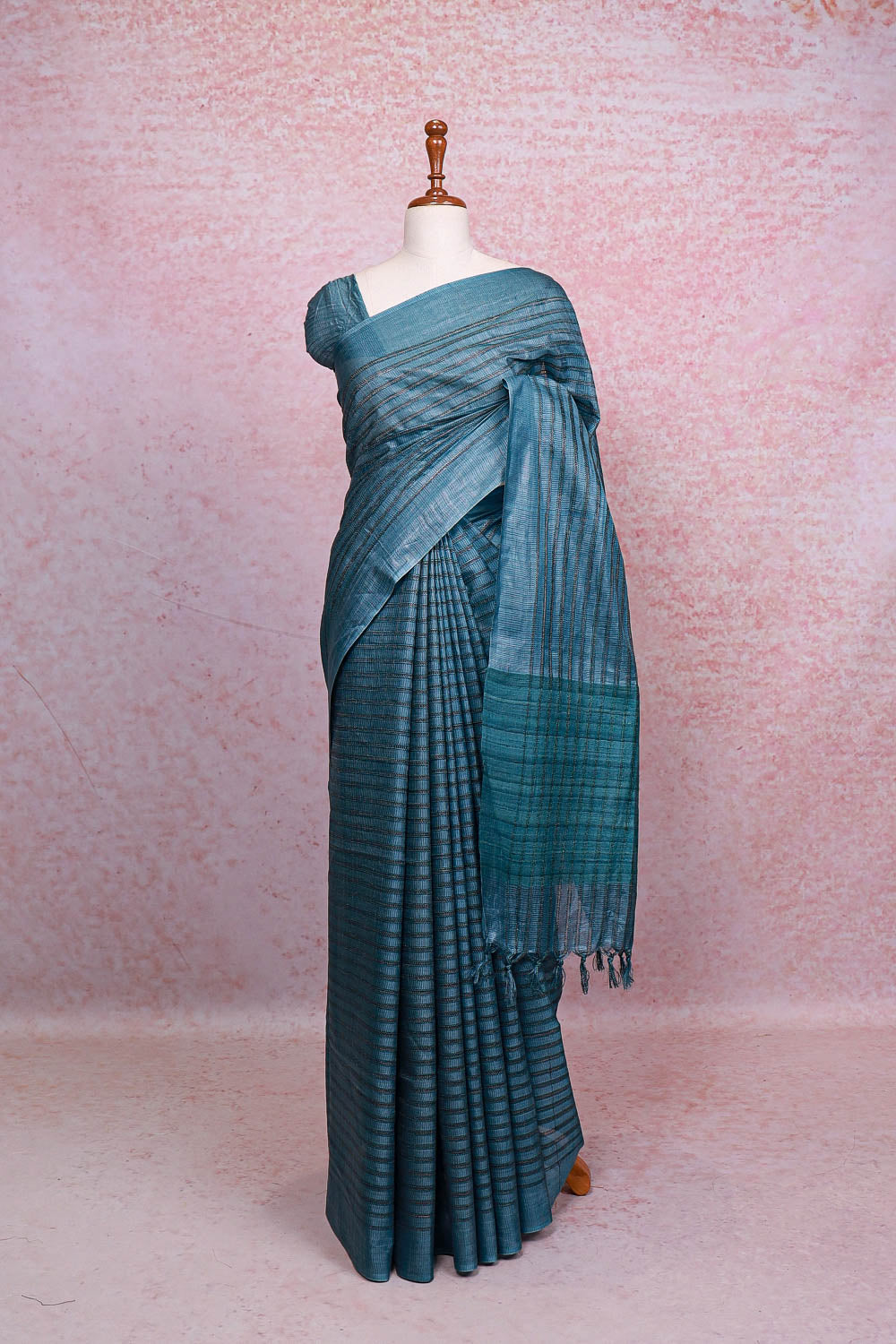 Greyish Blue Tussar Silk Saree - Seematti