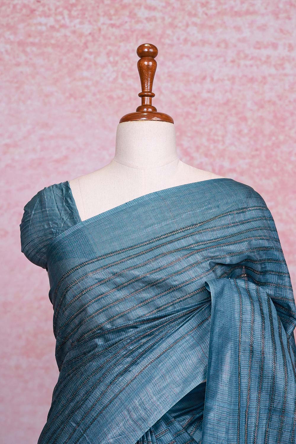 Greyish Blue Tussar Silk Saree - Seematti