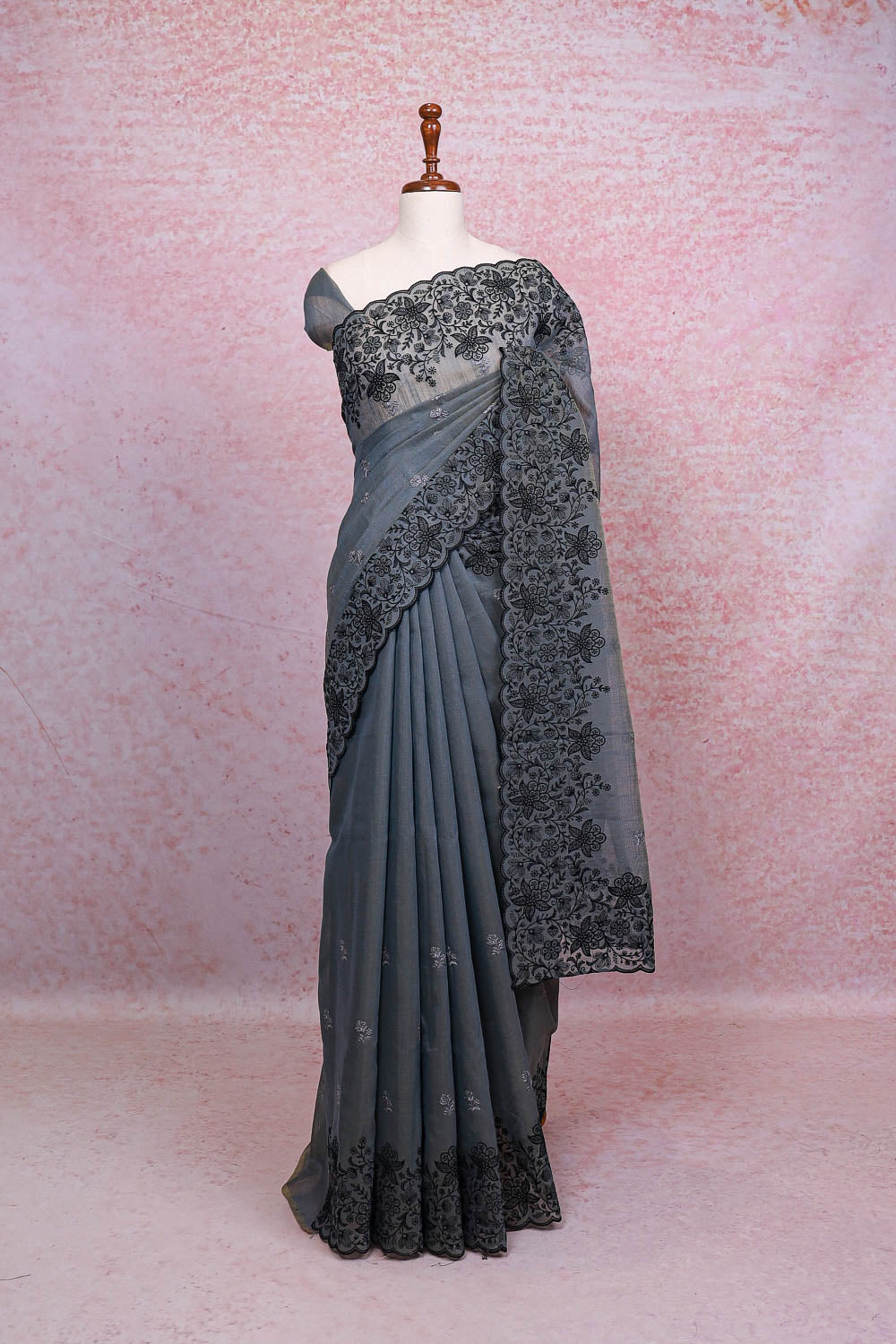 Dark Grey Semi Tussar Saree