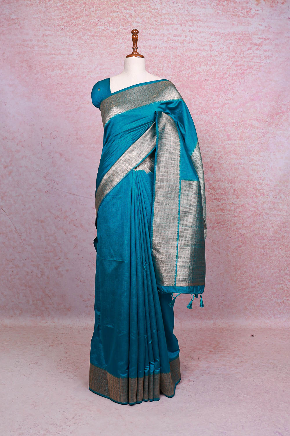 Peacock Blue Semi Jute Saree - Seematti