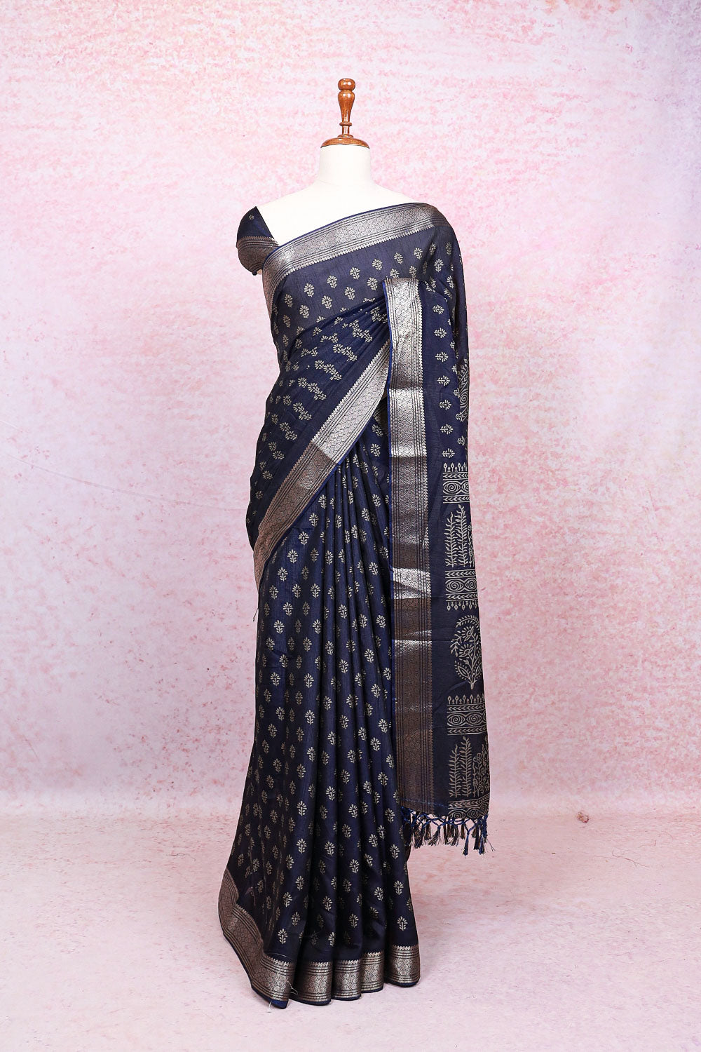 Navy Blue Semi Tussar Saree - Seematti
