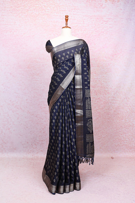 Navy Blue Semi Tussar Saree - Seematti