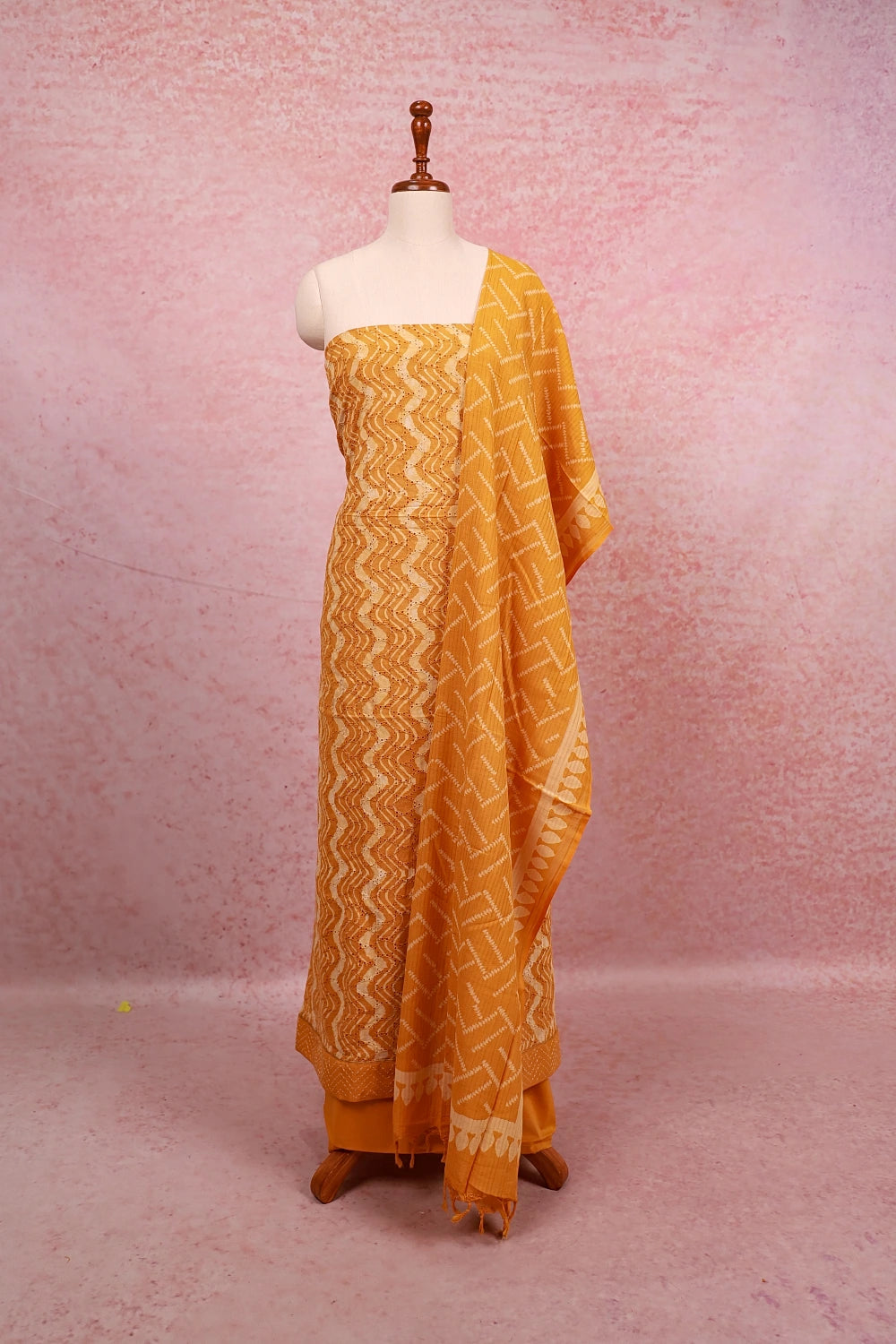 Bright Orange Hakoba Printed Unstitched Churidhar Material