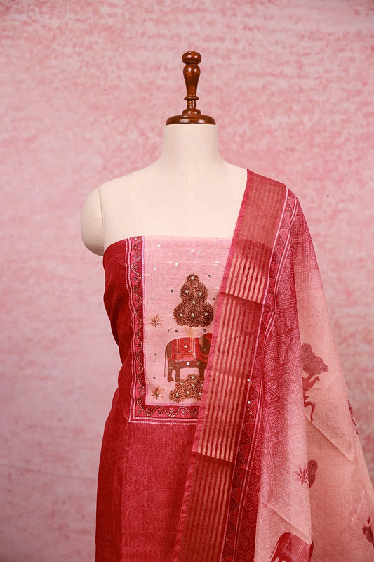 Pink Chanderi Stone Work Unstitched Churidhar Material