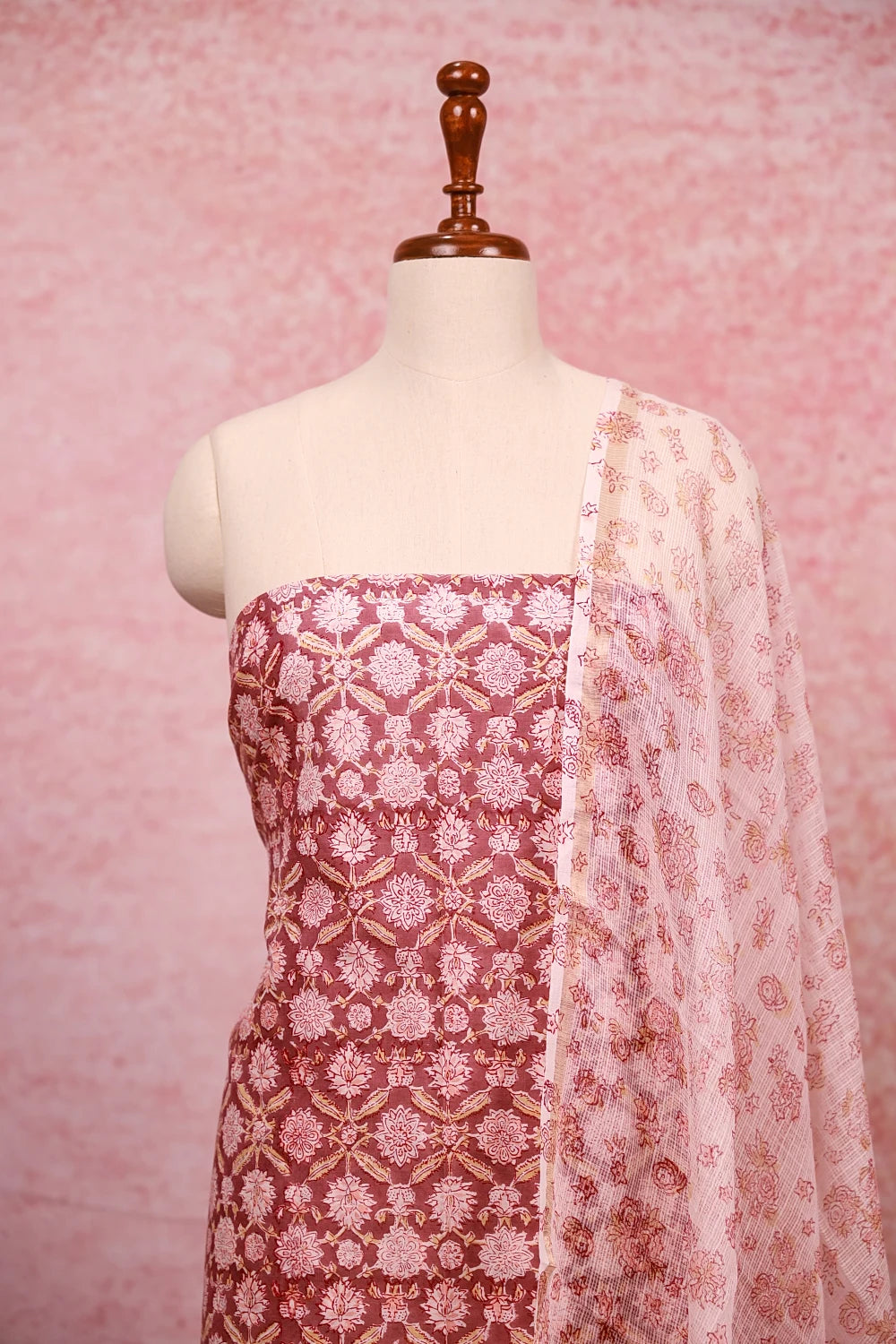 Brownish Pink Cotton Floral Print Unstitched Churidhar Material