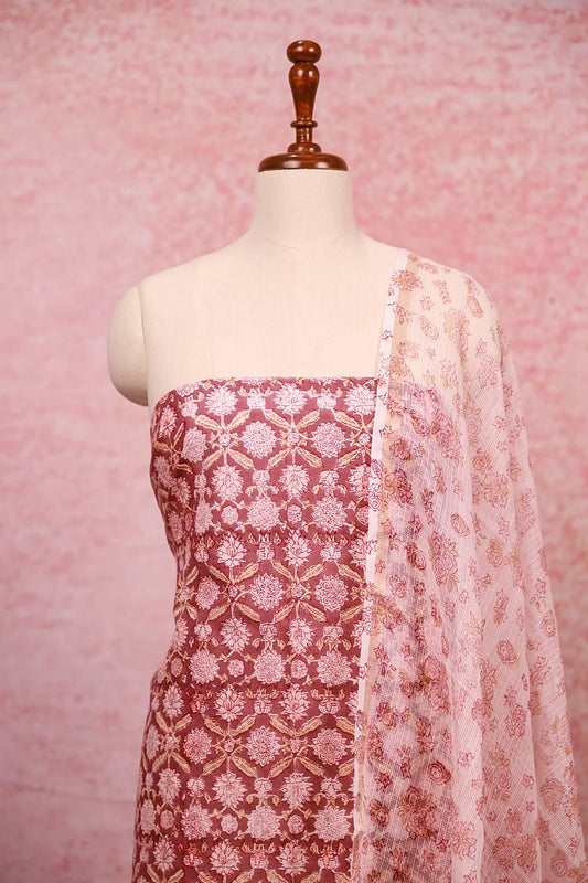 Brownish Pink Cotton Floral Print Unstitched Churidhar Material