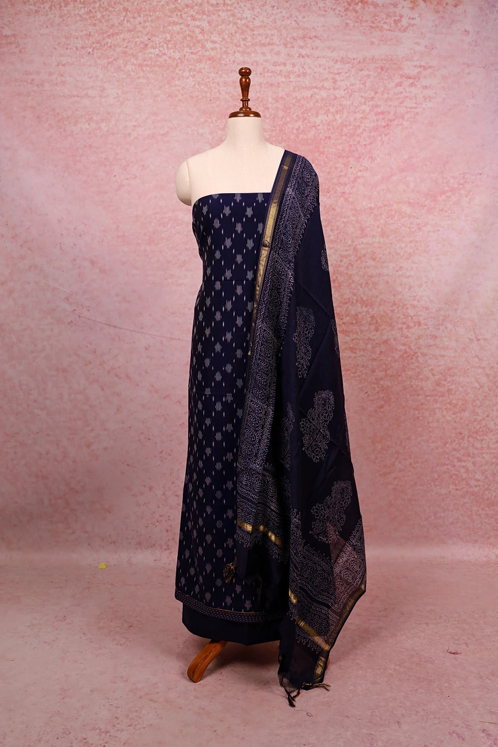 Navy Blue Cotton Printed Unstitched Churidhar Material