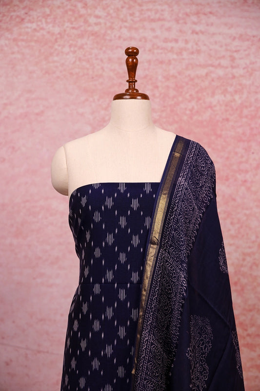 Navy Blue Cotton Printed Unstitched Churidhar Material