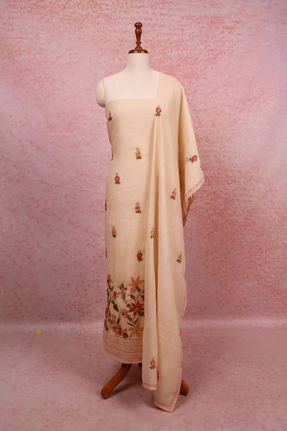 Cream Chanderi Embroidary Unstitched Churidhar Material
