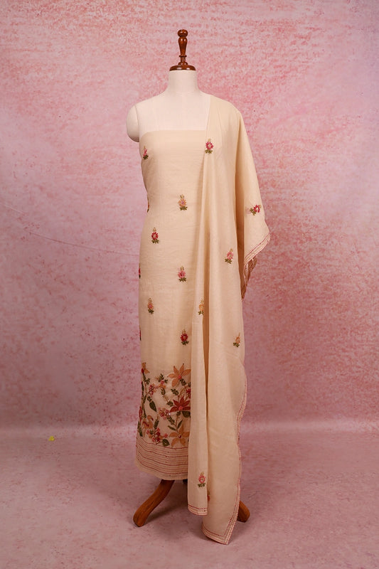 Cream Chanderi Embroidary Unstitched Churidhar Material