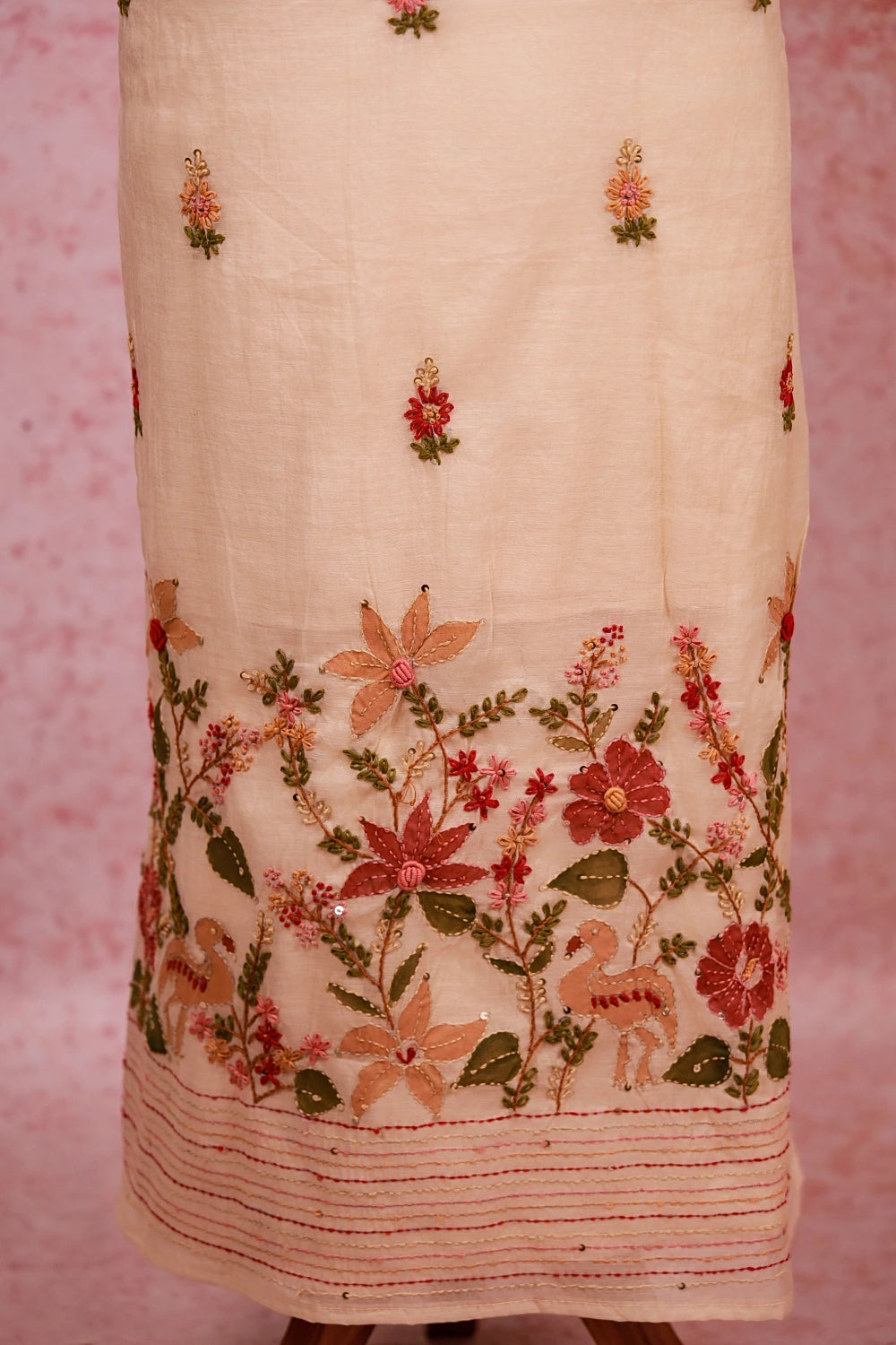 Cream Chanderi Embroidary Unstitched Churidhar Material
