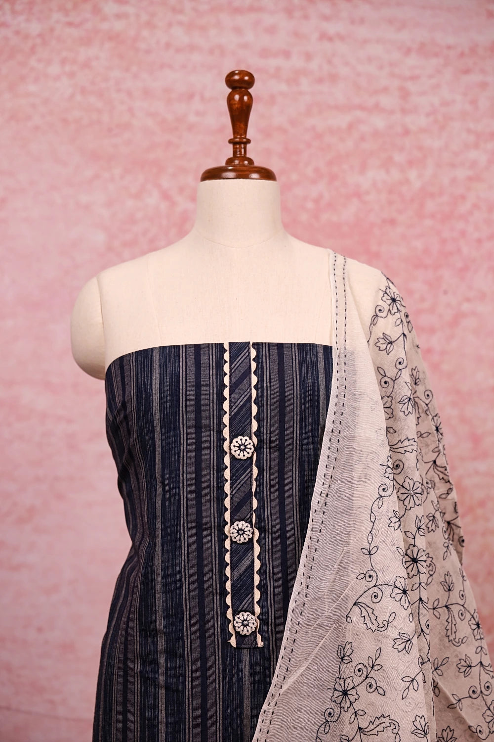 Blue Cotton Lines Unstitched Churidhar Material