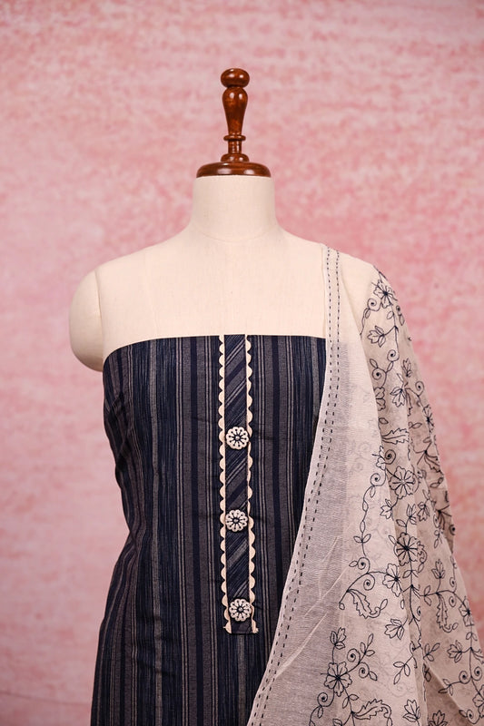 Blue Cotton Lines Unstitched Churidhar Material