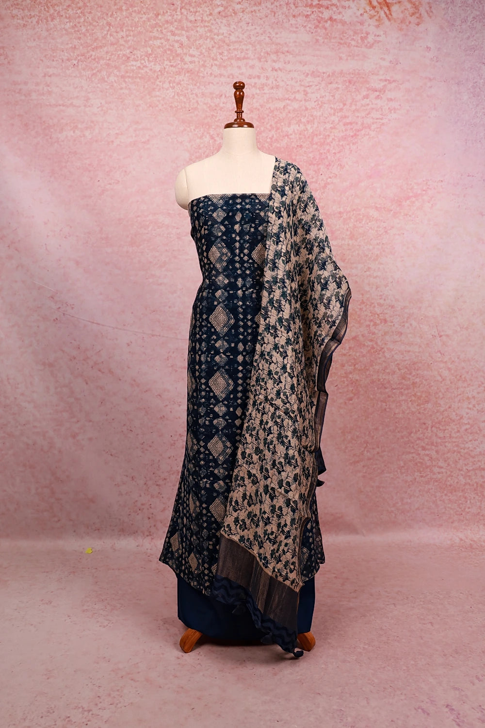 Blue Chanderi Printed Unstitched Churidhar Material