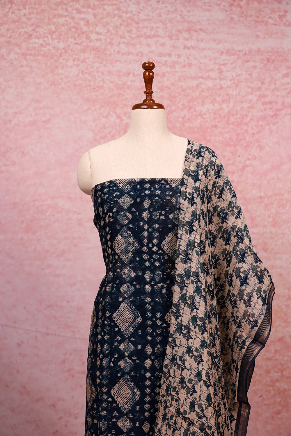 Blue Chanderi Printed Unstitched Churidhar Material