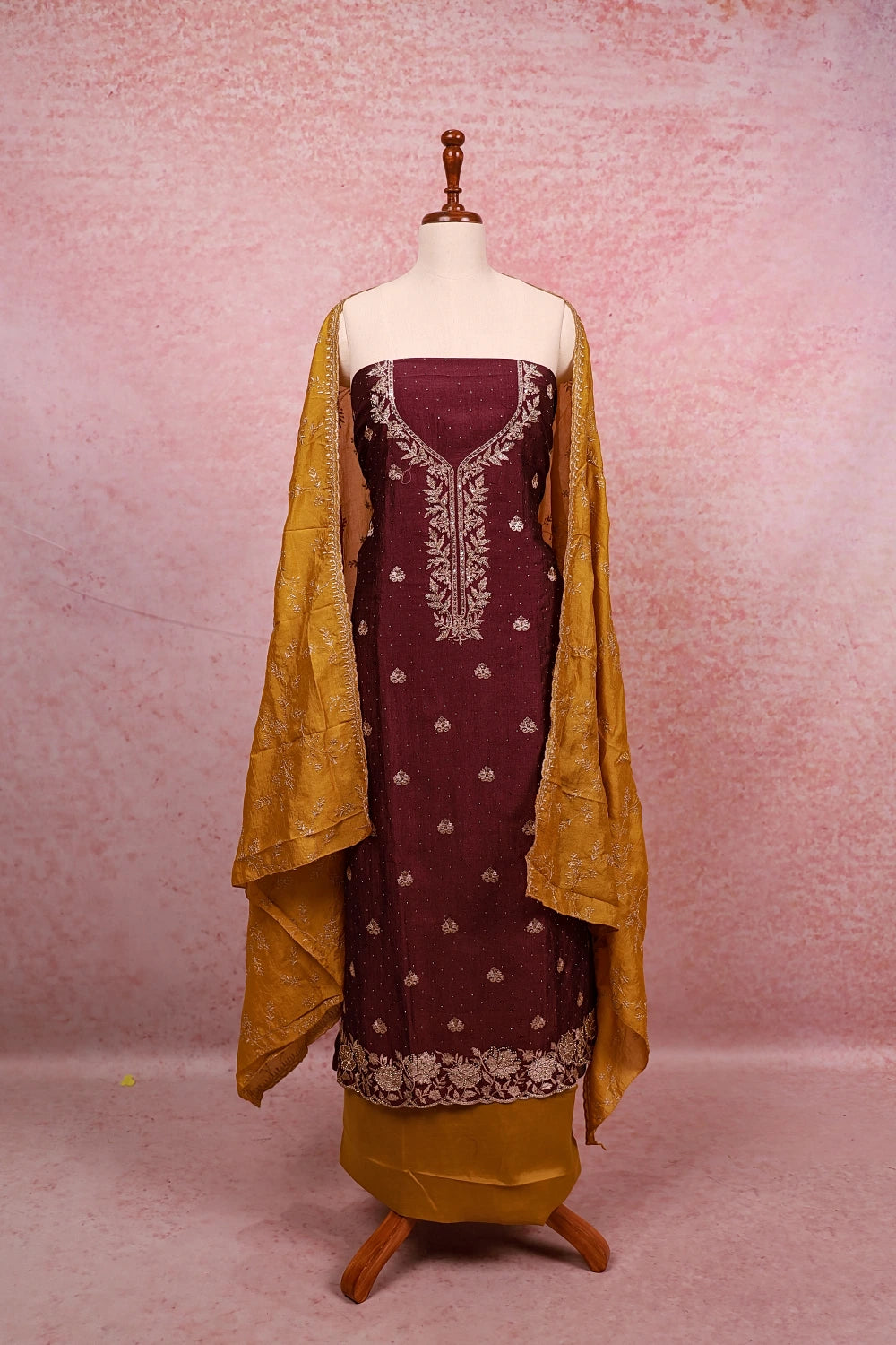 Sparkling Grape Vichithra Silk Thread And Stone Work Unstitched Churidhar Material