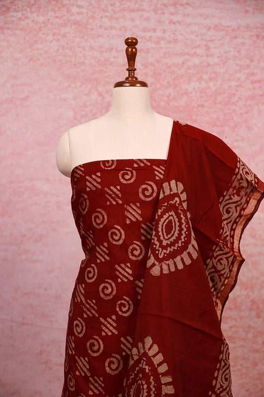 Wine Semi Chanderi Printed Unstitched Churidhar Material