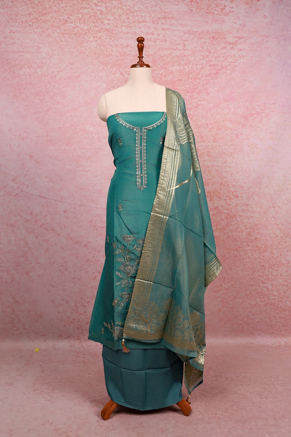Ash Blue Semi Silk Zari Work Unstitched Churidhar Material