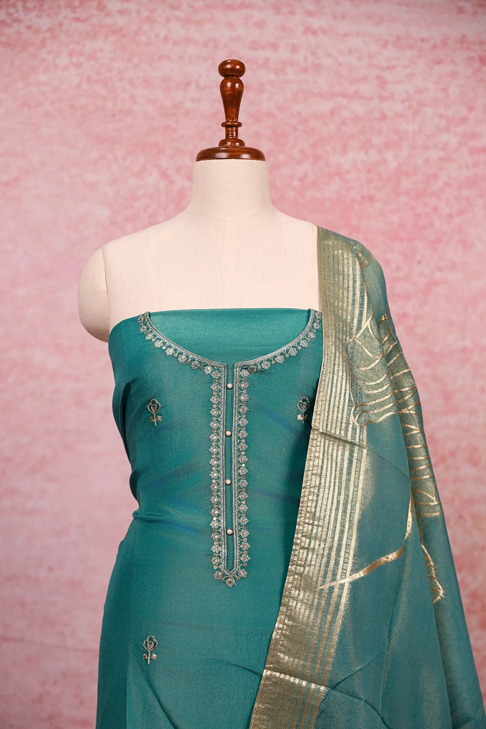 Ash Blue Semi Silk Zari Work Unstitched Churidhar Material
