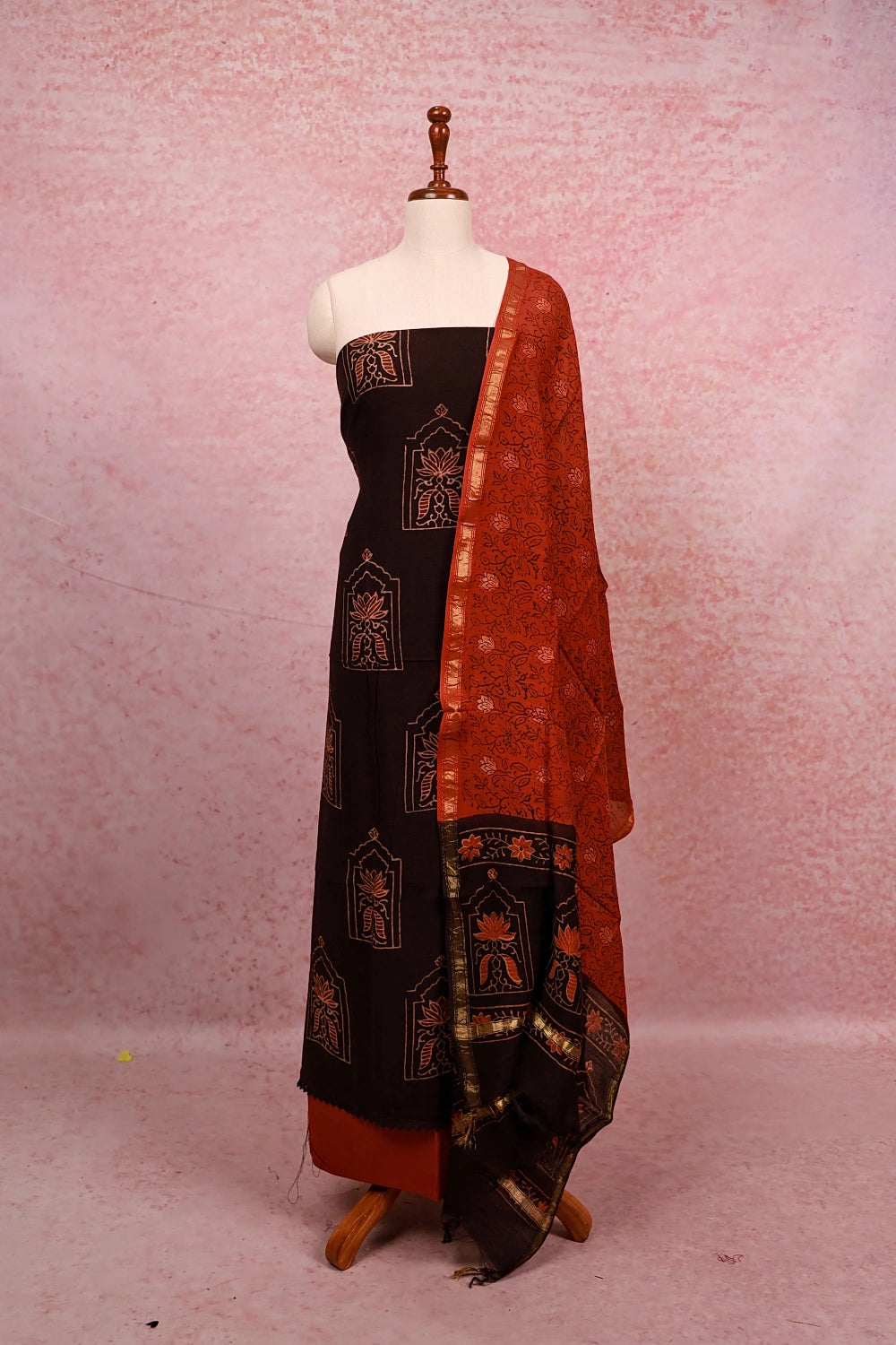 Dark Brown Cotton Printed Unstitched Churidhar Material