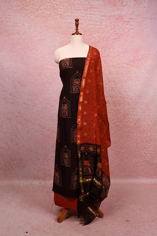 Dark Brown Cotton Printed Unstitched Churidhar Material