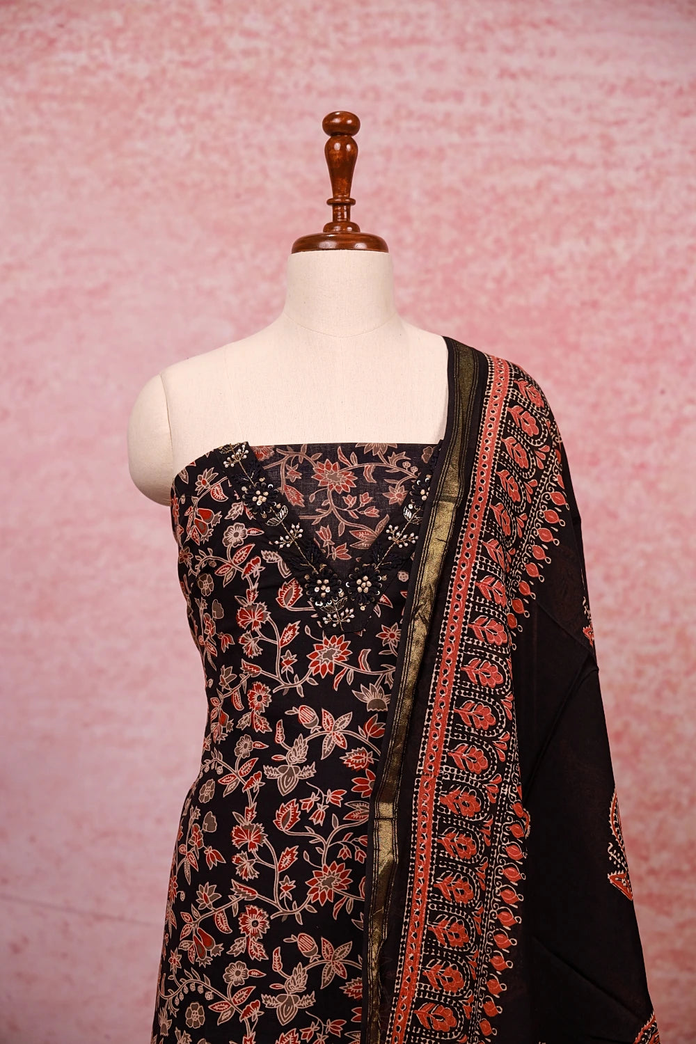 Black Cotton Printed Unstitched Churidhar Material